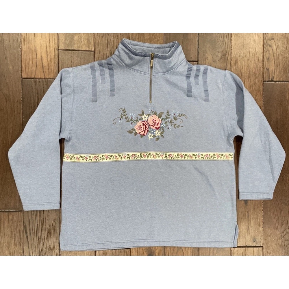 Renee Sport Women's Vintage‎ Blue 1/4 Zip Floral Embroidered Sweatshirt Size XL